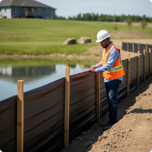 A professional in a hardhat and safety vest inspecting a clean, properly installed black silt fence or sediment barrier at a construction site near a body of water. Natural daylight, professional composition.