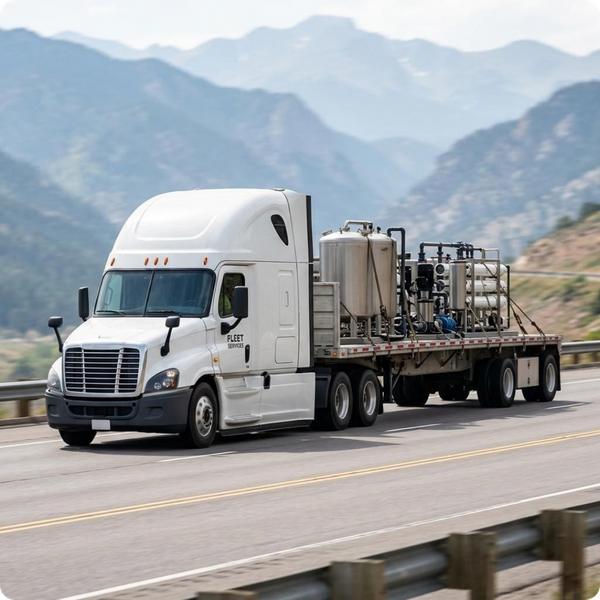 A commercial fleet truck pulling a trailer with industrial water equipment on a highway, with Colorado mountains softly blurred in the background. High-quality motion capture, realistic stock style.
