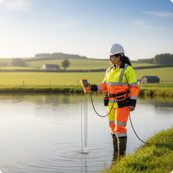 An environmental technician in professional high-visibility gear standing near the edge of a pond, holding a water testing device. The background is a clean, rural landscape with natural lighting and a shallow depth of field. An environmental technician in professional high-visibility gear standing near the edge of a pond, holding a water testing device. The background is a clean, rural landscape with natural lighting and a shallow depth of field.