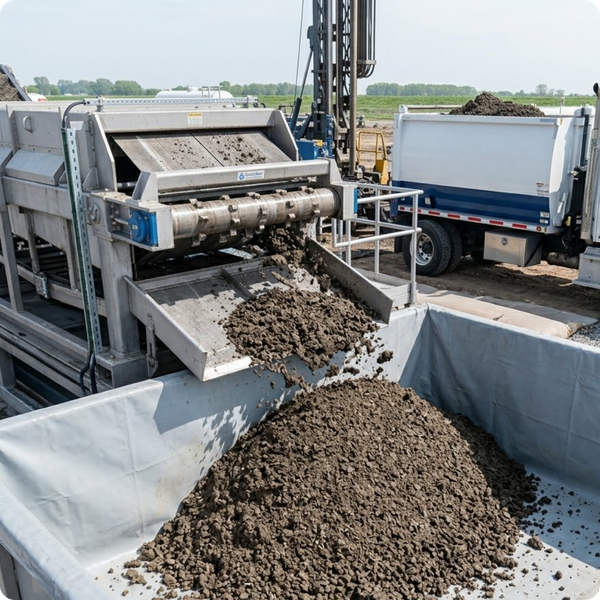 A high-performance drying shaker discharging stackable, low-moisture dry solids into a containment bin on a clean