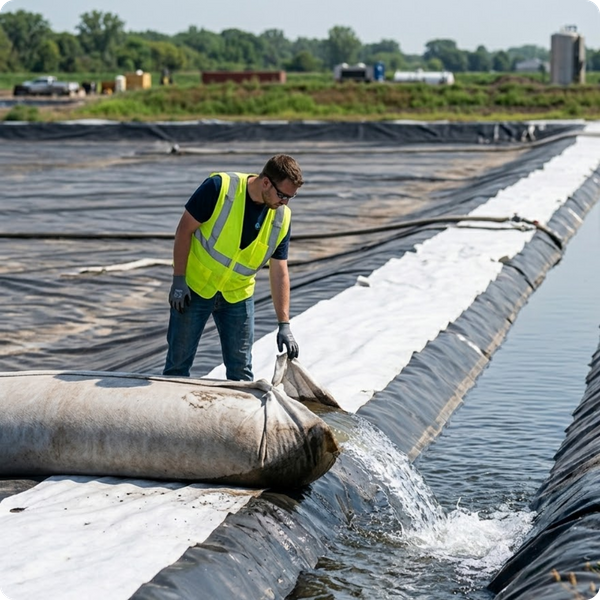 A field technician monitors a geotextile dewatering bag, ensuring that clear, filtered water is successfully separated from contained industrial sediment for environmental compliance. A field technician monitors a geotextile dewatering bag, ensuring that clear, filtered water is successfully separated from contained industrial sediment for environmental compliance.