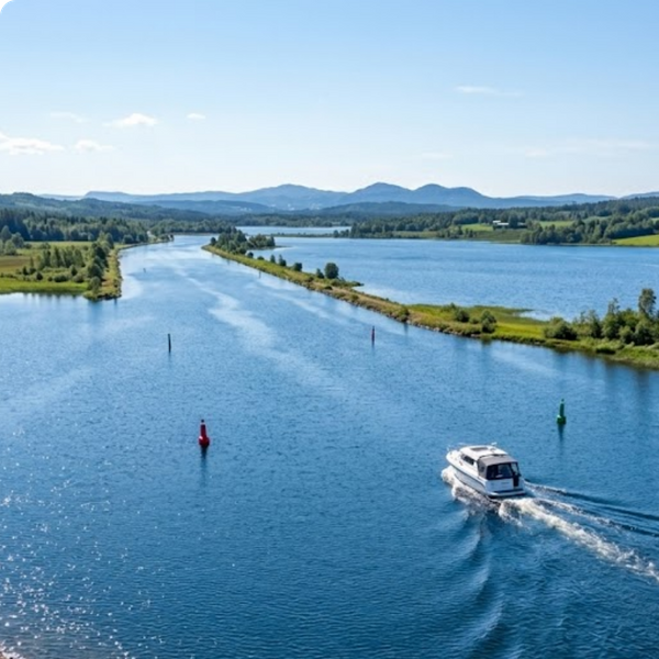 Clear blue waterway with a small recreational boat smoothly cutting through the water.