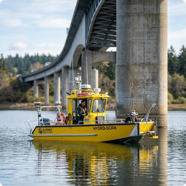 A specialized, high-tech yellow survey boat floating on a calm lake near a concrete bridge pillar. Professional photography, sharp focus on the boat, blurred bridge structure in the background.