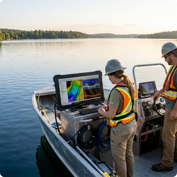 Professional technicians on an aluminum boat operating bathymetric mapping equipment.