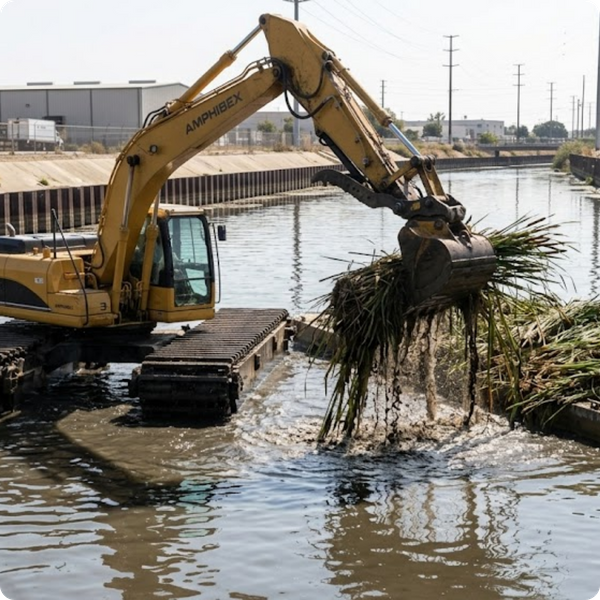 Yellow amphibious excavator removing aquatic plants from a concrete-lined canal.