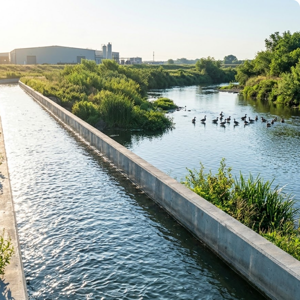 Sparkling, clarified industrial discharge water, treated via flocculation, flows into a healthy river ecosystem