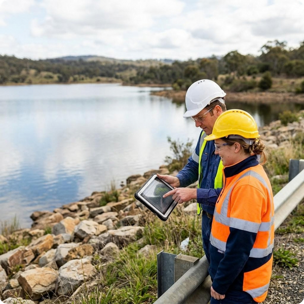 Two engineers in hardhats and safety glasses standing near the edge of a reservoir, looking at a digital tablet together. Authentic lifestyle shot, natural outdoor lighting, shallow depth of field.