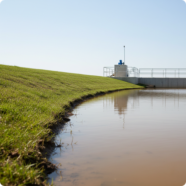 a manure lagoon's edge, showing the clear distinction between the water level and the restored embankment. The water is calm, and the surrounding farm infrastructure is clean and well-maintained. a manure lagoon's edge, showing the clear distinction between the water level and the restored embankment. The water is calm, and the surrounding farm infrastructure is clean and well-maintained.