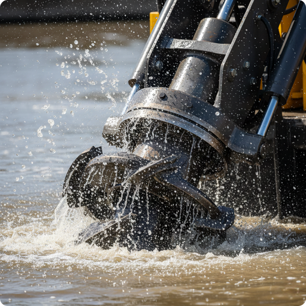 professional dredging equipment partially submerged in water. Droplets of water are captured in mid-air near the machinery, emphasizing power and movement. Sharp focus on the mechanical components, soft focus on the water. professional dredging equipment partially submerged in water. Droplets of water are captured in mid-air near the machinery, emphasizing power and movement. Sharp focus on the mechanical components, soft focus on the water.