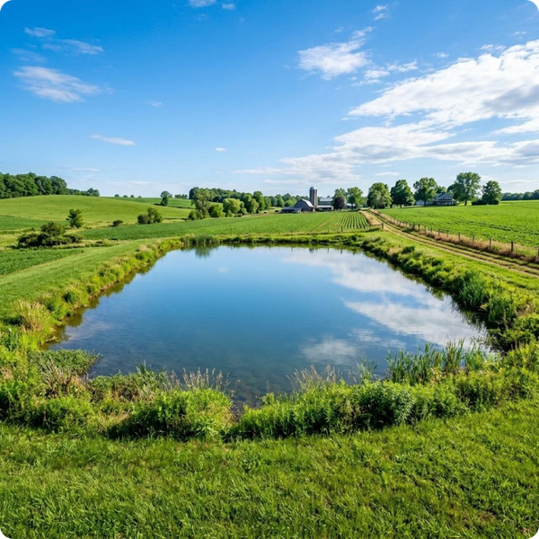 A beautiful, clear agricultural irrigation pond reflecting a blue sky, surrounded by healthy green grass. Shot with a wide-angle lens, bright natural sunlight. A beautiful, clear agricultural irrigation pond reflecting a blue sky, surrounded by healthy green grass. Shot with a wide-angle lens, bright natural sunlight.