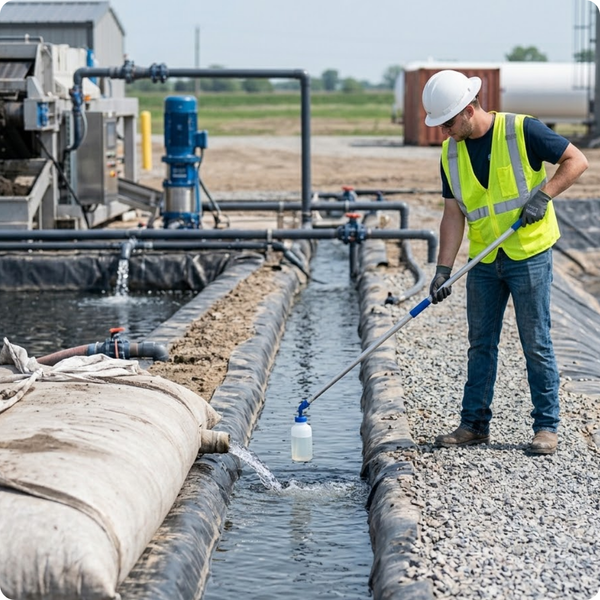 environmental contractor stands safely on a dry gravel path, using a long-handled sampler to collect a clear water filtrate sample