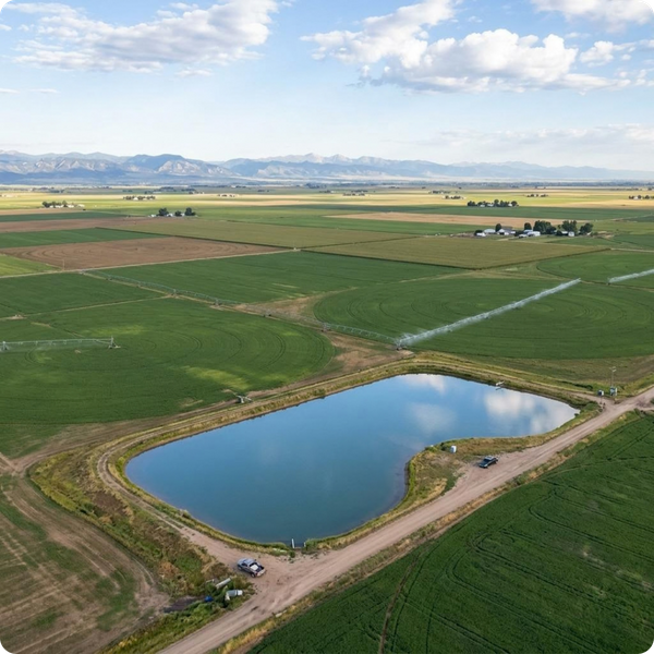 A vast, expansive agricultural farm field in Colorado with a large, full irrigation pond in the foreground. Shot with a drone perspective or high angle to show the scale of the farm.