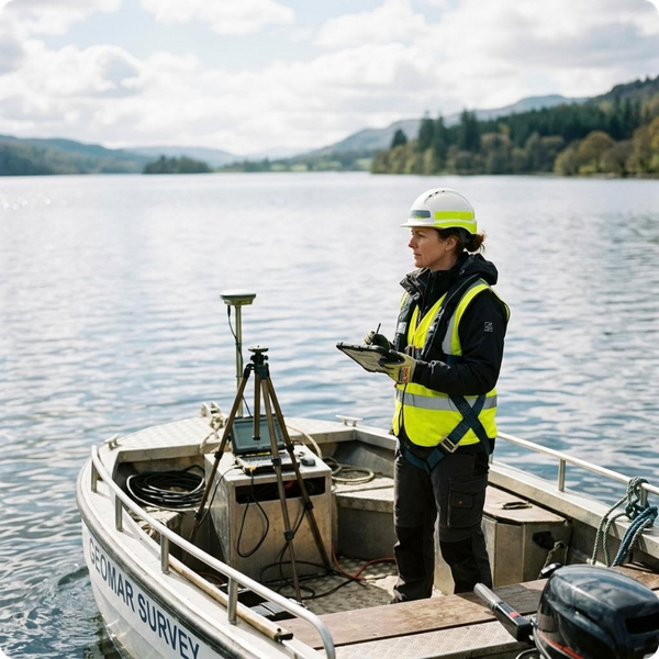 A professional surveyor in a bright yellow high-visibility safety vest and hardhat standing on the deck of a small boat, looking out over a large lake. Shot from a low angle, soft focus on the water in the background. A professional surveyor in a bright yellow high-visibility safety vest and hardhat standing on the deck of a small boat, looking out over a large lake. Shot from a low angle, soft focus on the water in the background.