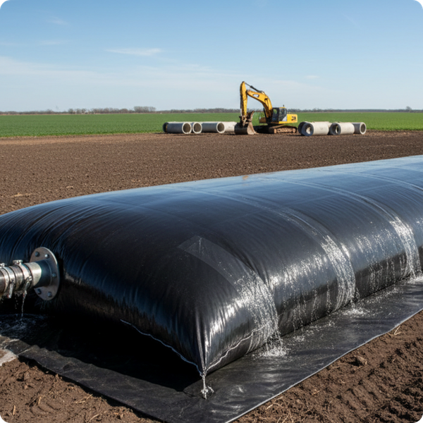 A clean, professional shot of a large industrial dewatering bag or sediment separation unit situated on a flat field. The sky is bright, and the equipment looks modern and well-cared for. A clean, professional shot of a large industrial dewatering bag or sediment separation unit situated on a flat field. The sky is bright, and the equipment looks modern and well-cared for.
