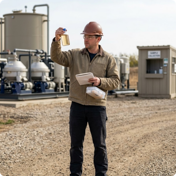 A water treatment contractor, no logos, stands safely on a dry gravel path near a solids control site, inspecting a clear sample bottle of recovered process fluid to ensure environmental compliance. A water treatment contractor, no logos, stands safely on a dry gravel path near a solids control site, inspecting a clear sample bottle of recovered process fluid to ensure environmental compliance.