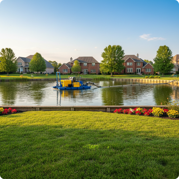 a hydraulic dredge operating in a pond that is very close to a vibrant, green residential lawn and flower beds. The scene emphasizes how the equipment leaves the grass and trees completely untouched.