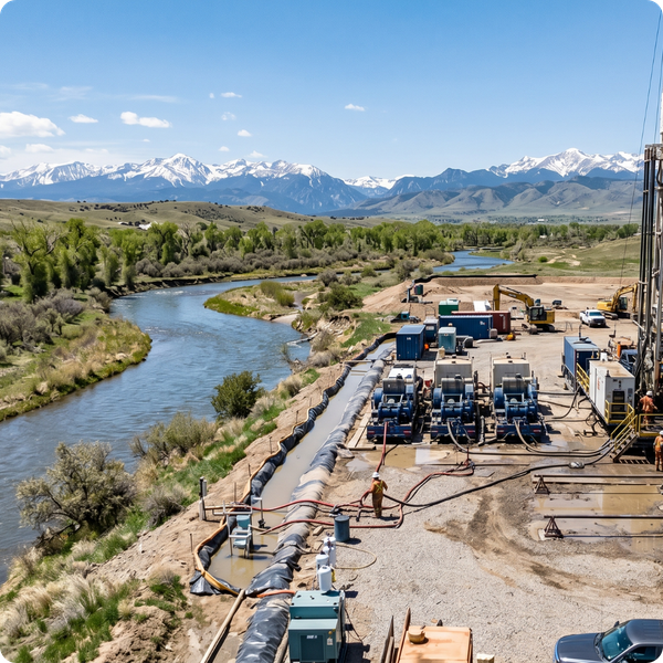 An oil and gas jobsite next to natural waterways.