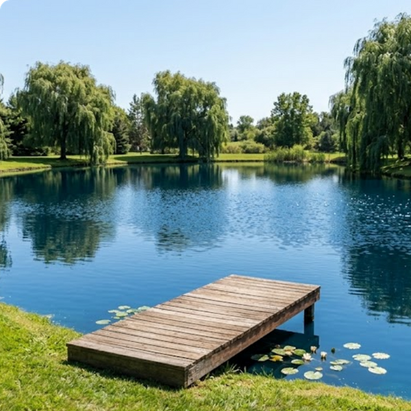 Peaceful, clean blue pond with a small wooden dock, surrounded by manicured grass and willow trees
