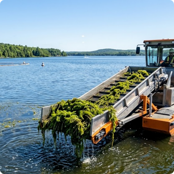 Industrial aquatic weed harvester boat operating on a large reservoir.