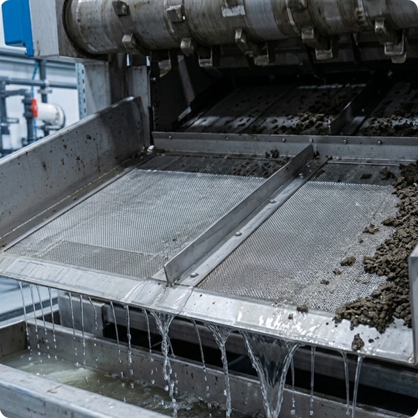 A close-up view of fine-mesh shaker screens in rapid vibratory motion, separating recovered liquid from dry solids particles in an industrial solids control system. A close-up view of fine-mesh shaker screens in rapid vibratory motion, separating recovered liquid from dry solids particles in an industrial solids control system.