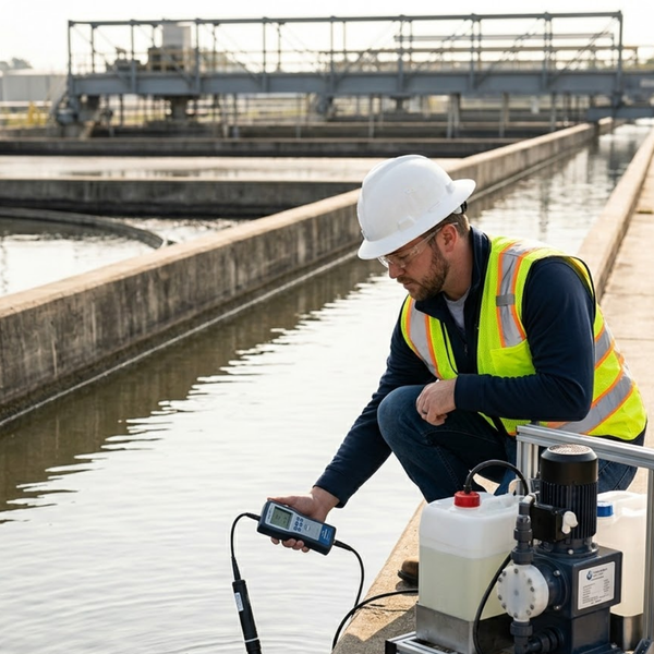 Field engineer conducting water quality monitoring alongside an industrial waterway using a customized chemical dosing system