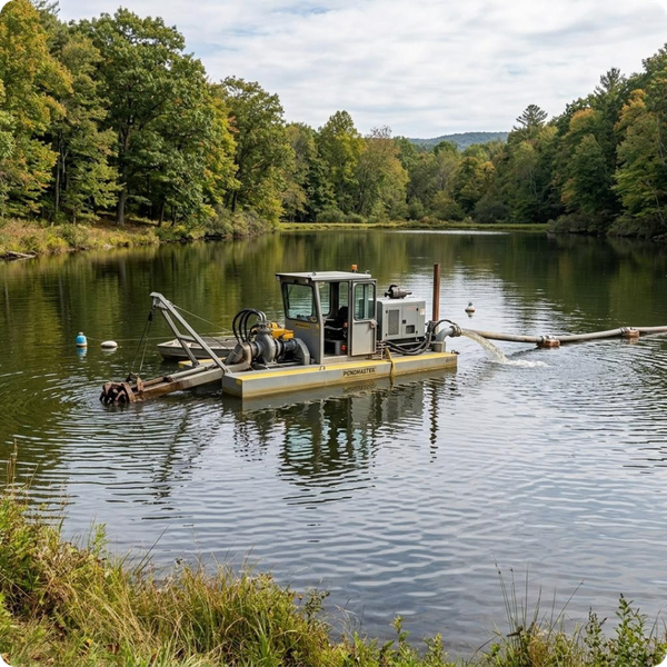 A small, floating hydraulic dredge machine working on a tranquil private pond. The water is calm, and the machinery looks clean and industrial against the natural backdrop.