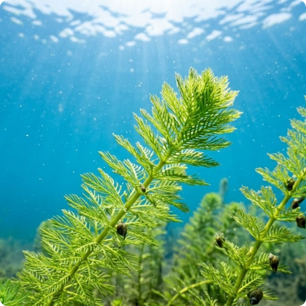 Detailed underwater macro photo of invasive Eurasian watermilfoil in clear water.