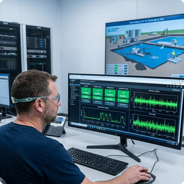 technician reviews real-time infrastructure health data and pump diagnostics on a monitor in a clean control room