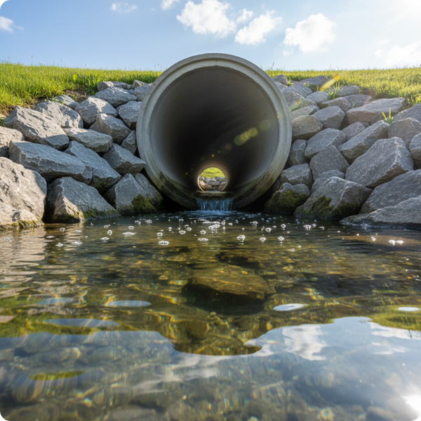 A low-angle shot of a clean concrete culvert pipe leading into a clear pond. The water is flowing gently, and the surrounding stone rip-rap is neatly placed. Sharp focus on the water movement.