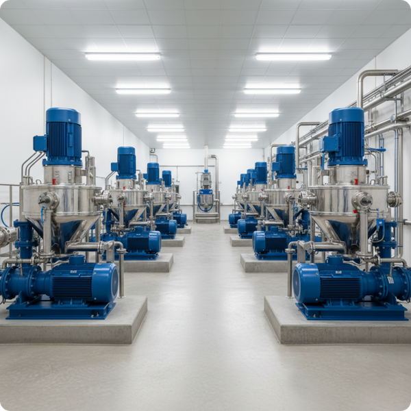 A clean shot of industrial centrifugal pumps and separation machinery inside a bright, modern facility. The equipment is polished, and the environment is uncluttered. A clean shot of industrial centrifugal pumps and separation machinery inside a bright, modern facility. The equipment is polished, and the environment is uncluttered.