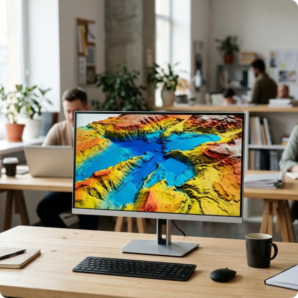 A modern, sleek computer monitor sitting on a desk showing a colorful 3D topographical map of a lake bed. Shallow depth of field focusing on the screen, with a blurred office background. A modern, sleek computer monitor sitting on a desk showing a colorful 3D topographical map of a lake bed. Shallow depth of field focusing on the screen, with a blurred office background.
