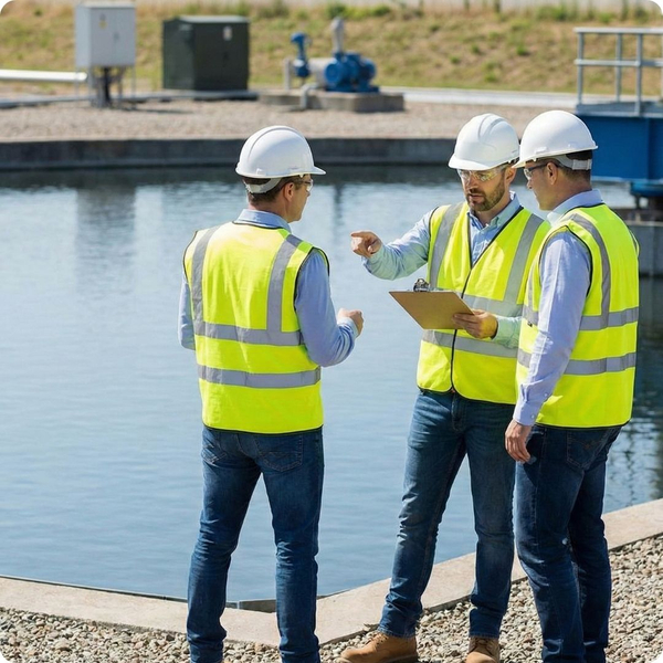 3 people in vests discussing pond 