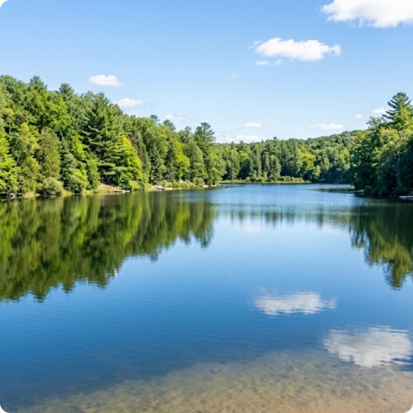 Serene landscape of a pristine, weed-free lake perfectly reflecting a lush forest.