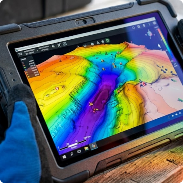 Colorful glowing bathymetric 3D contour map on a rugged digital tablet screen