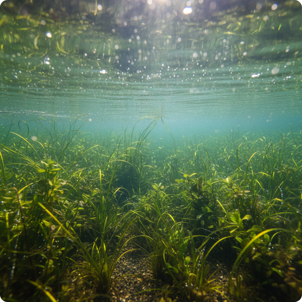 A beautiful, clear-water view of a pond with healthy, submerged aquatic plants visible beneath the surface. No algae or surface film. The sunlight pierces through the water, creating a clean and refreshing aesthetic.
