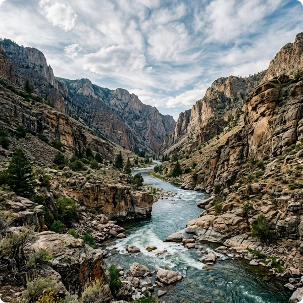 A pristine, natural river cutting through a rocky Wyoming canyon. Professional landscape photography showcasing untouched environmental beauty.