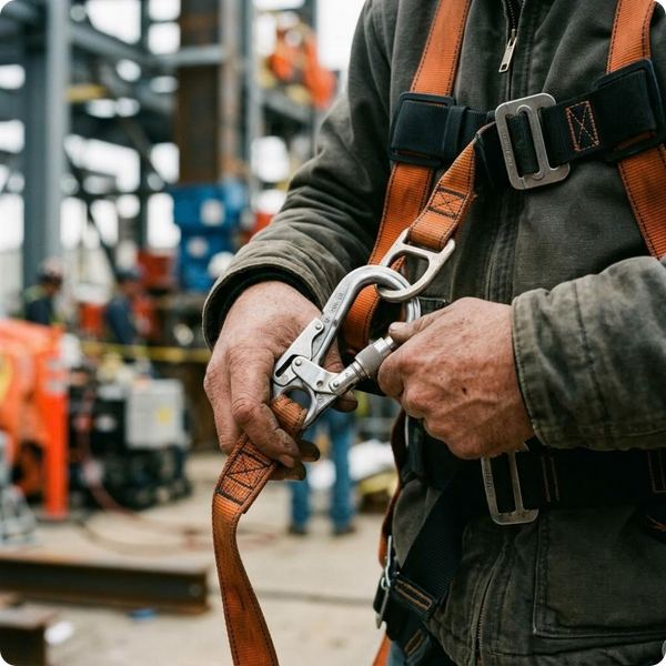 A close-up of a worker's hands securing a heavy-duty safety harness. Sharp focus on the safety equipment and carabiners, blurring out the rest of the industrial work site in the background.

