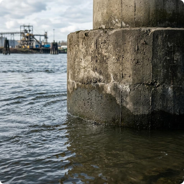 A close-up of a large industrial water intake pipe or concrete pylon partially submerged in water. Clean, realistic stock photography with a focus on the texture of the concrete and water surface.