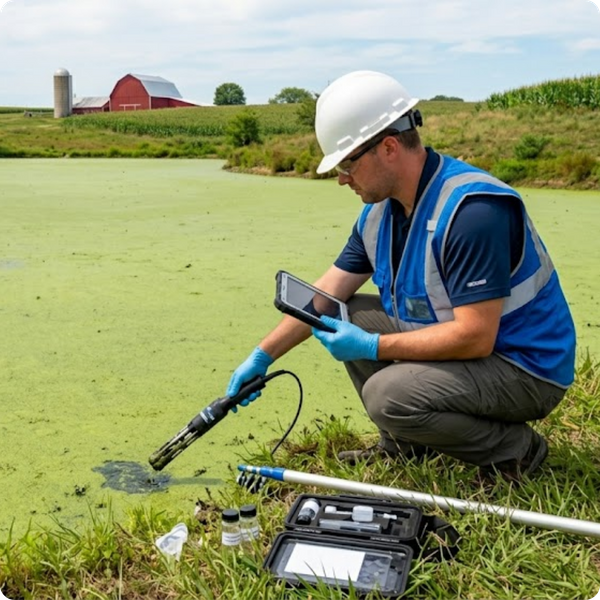 aquatic specialist in safety gear kneeling at the edge of a duckweed pond taking a water sample
