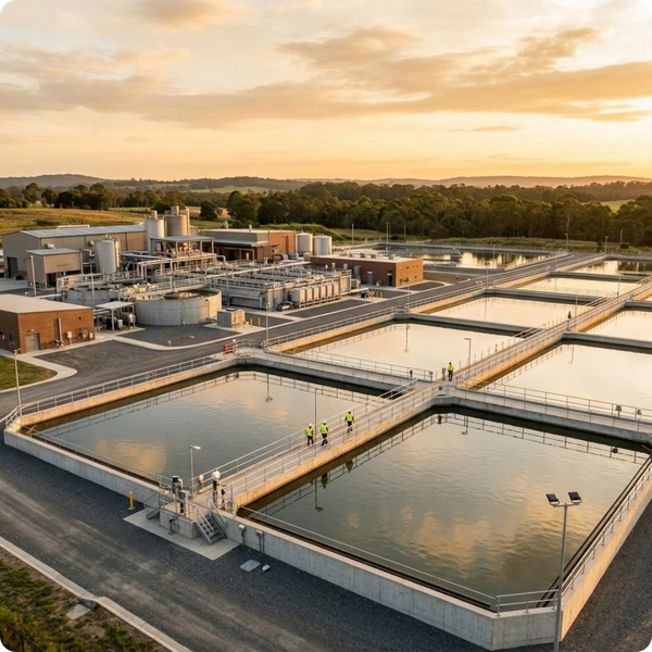 A wide shot of a clean, well-maintained industrial water treatment facility with large settling ponds. Photographed during golden hour for warm, dynamic lighting.