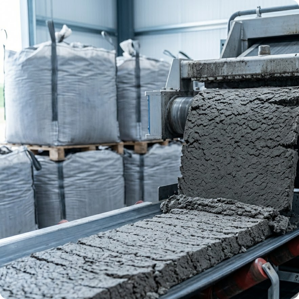 A close-up of a high-throughput belt filter press actively discharging dry, compressed cake solids onto a conveyor belt A close-up of a high-throughput belt filter press actively discharging dry, compressed cake solids onto a conveyor belt
