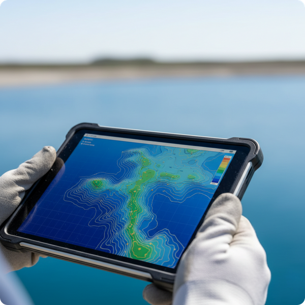 A close-up of a professional’s hands holding a rugged digital tablet. The screen (no text visible) shows a colorful 3D contour map of underwater terrain. The background is the blurred blue of a settling pond. A close-up of a professional’s hands holding a rugged digital tablet. The screen (no text visible) shows a colorful 3D contour map of underwater terrain. The background is the blurred blue of a settling pond.
