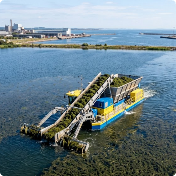 Industrial weed control boat mechanical harvesting aquatic vegetation on a large lake.