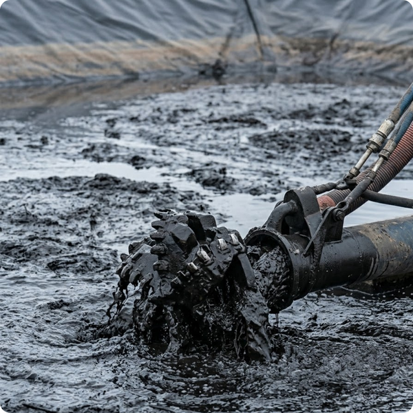 A close-up view of a hydraulic dredge cutterhead submersed in dense industrial sludge, actively mobilizing sediment from a lagoon bottom for extraction