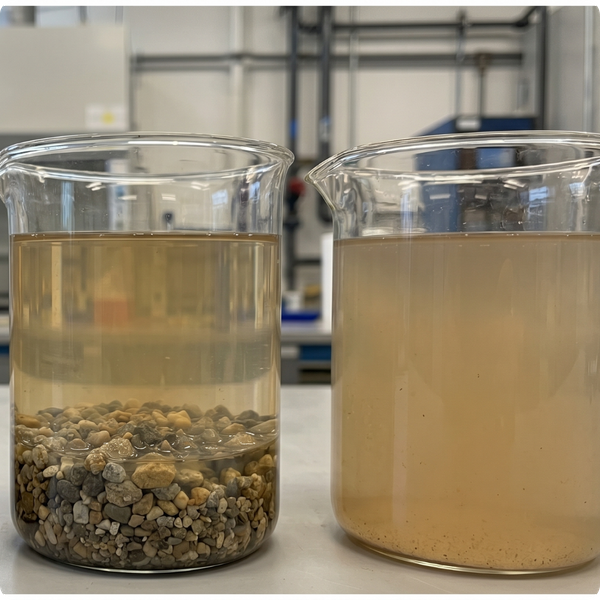 Two beakers illustrating sediment removal.
