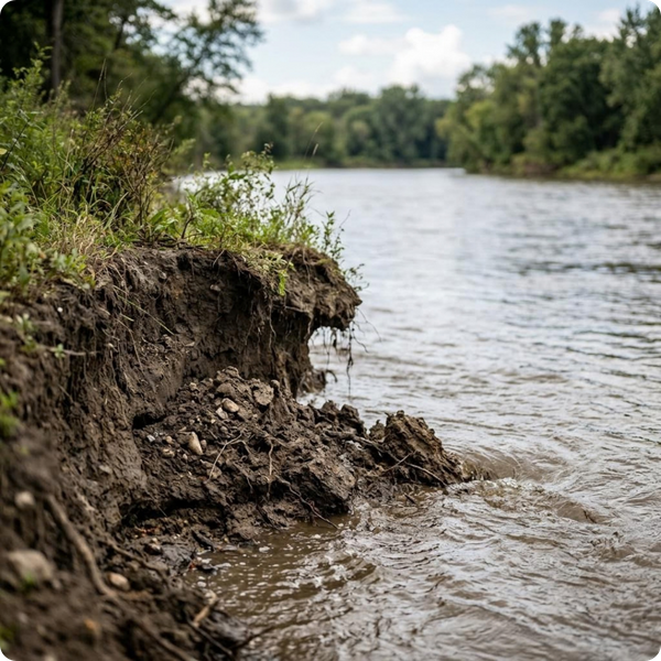 A close-up, high-quality photo of a natural dirt riverbank showing signs of soil erosion near the water line, with a soft focus background of the wider river. A close-up, high-quality photo of a natural dirt riverbank showing signs of soil erosion near the water line, with a soft focus background of the wider river.