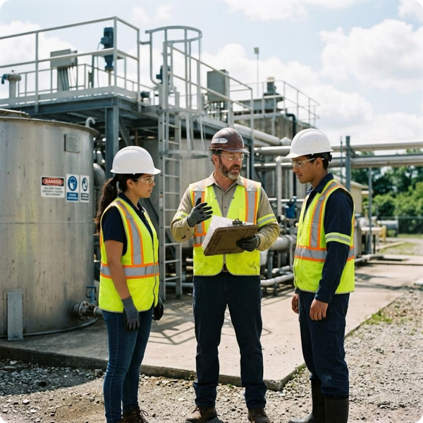 A group of three industrial workers in full safety gear (hardhats, safety glasses, high-vis vests) having a safety briefing near a water processing site. Authentic, candid professional lifestyle shot.