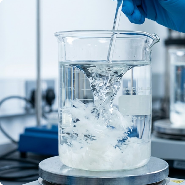 A close-up view of a laboratory jar test where a clear beaker shows rapid flocculation