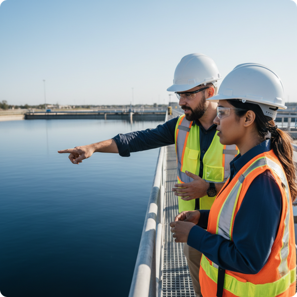 A professional interaction between two engineers in hardhats standing on a metal catwalk over a settling pond, looking out at the water. They are pointing toward a specific area, captured in an authentic, candid moment. A professional interaction between two engineers in hardhats standing on a metal catwalk over a settling pond, looking out at the water. They are pointing toward a specific area, captured in an authentic, candid moment.