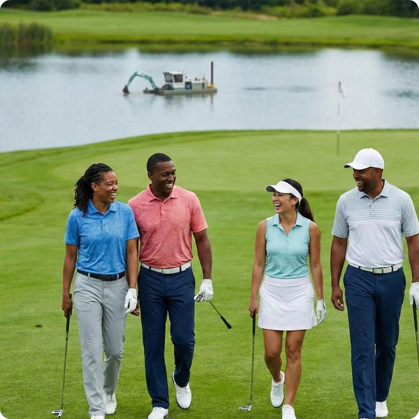 golfers with pond dredging in the background golfers with pond dredging in the background